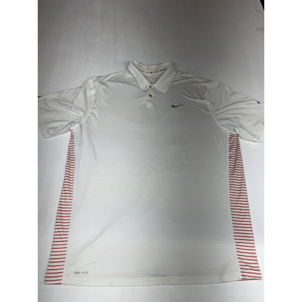 Nike Golf Tiger Woods Polo Shirt Engineered Striped Mens XL Dri-Fit White Orange